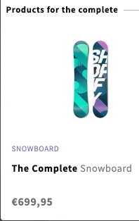 Screenshot of a product listing showing a snowboard with 'The Complete Snowboard' title, price, and 'SNOWBOARD' label.