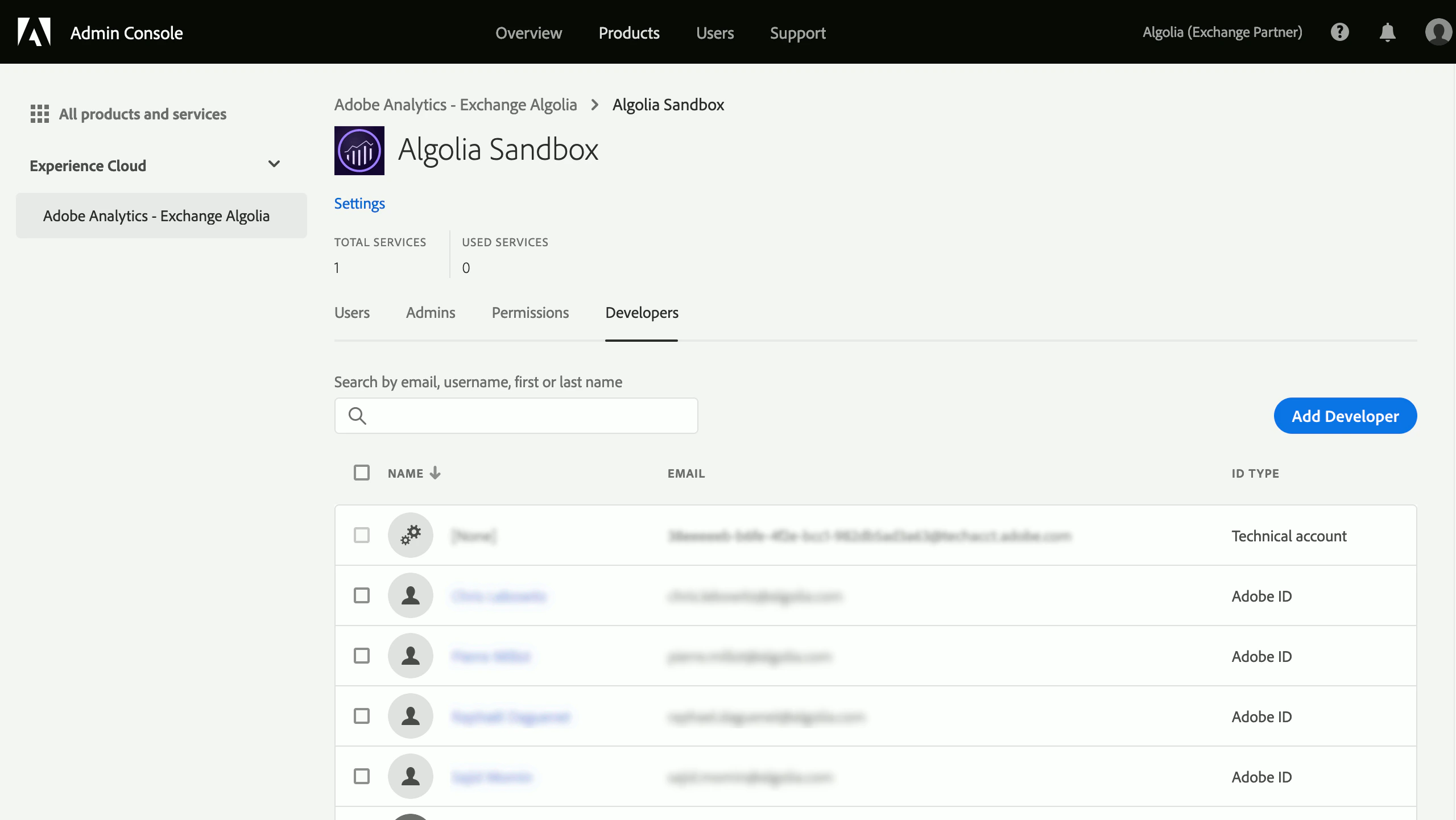 Screenshot of the 'Developers' tab in the 'Adobe Analytics - Exchange Algolia' settings, showing a list of users and an 'Add Developer' button.