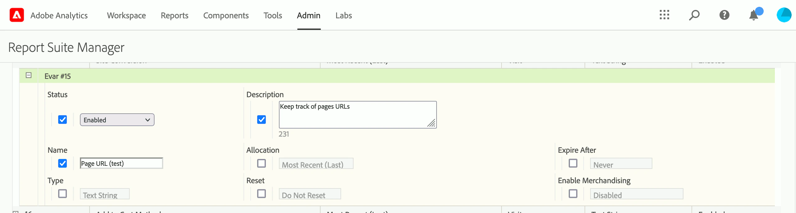 Screenshot of Adobe Analytics Report Suite Manager showing 'Page URL (test)' enabled with description 'Keep track of pages URLs'.