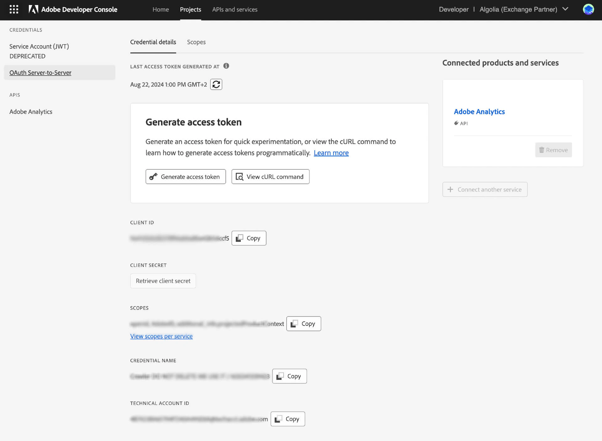 Screenshot of the Adobe Developer Console's 'Generate access token' section with CLIENT ID, CLIENT SECRET, and SCOPES fields and copy buttons.