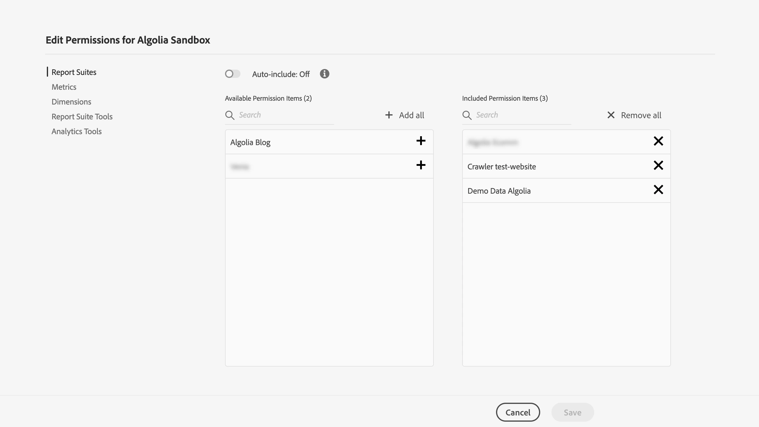 Screenshot of the 'Edit Permissions for Algolia Sandbox' interface with two lists: 'Available Permission Items' and 'Included Permission Items'.