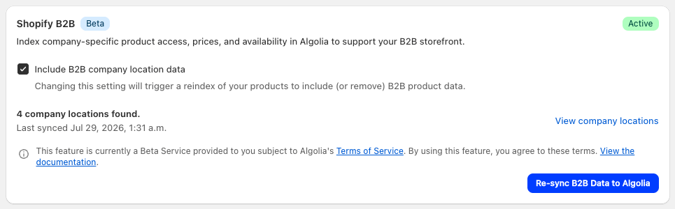 Screenshot of the "Shopify B2B" section with a "Beta" badge and a checkbox labeled "Include B2B company location data" in the Indexing tab.