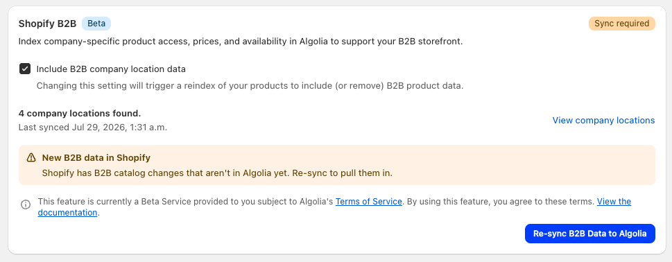 Screenshot of the "Shopify B2B" section with a "Sync required" badge, a "New B2B data in Shopify" banner, and a "Re-sync B2B Data to Algolia" button.