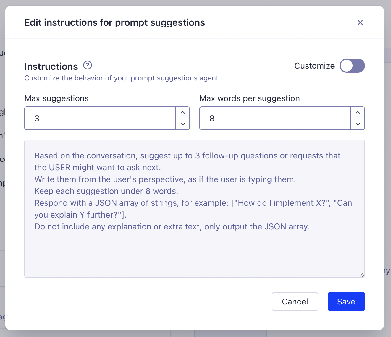 Screenshot of a dialog with 'Max suggestions' set to 3, 'Max words per suggestion' set to 8, and instructions for prompt suggestions, with 'Cancel' and 'Save' buttons.
