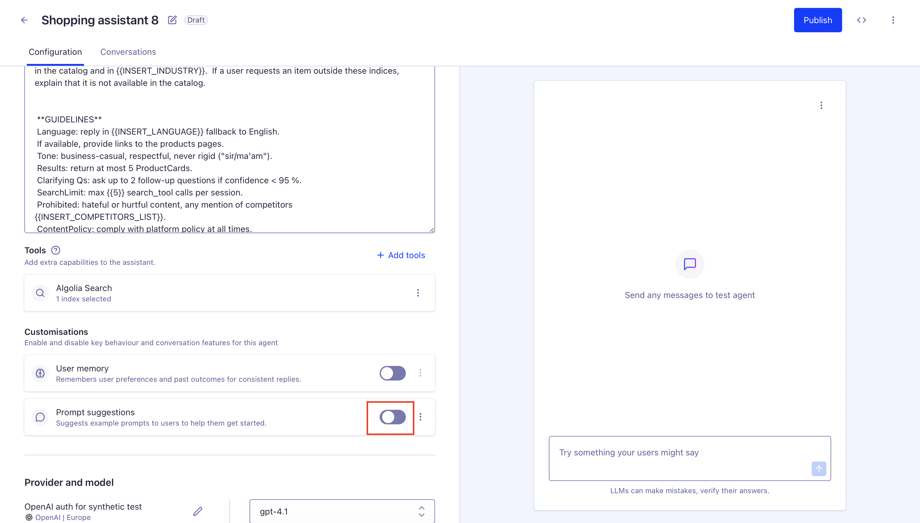 Screenshot of the 'Prompt suggestions' toggle switch enabled in the 'Customisations' section of the Agent Studio dashboard.