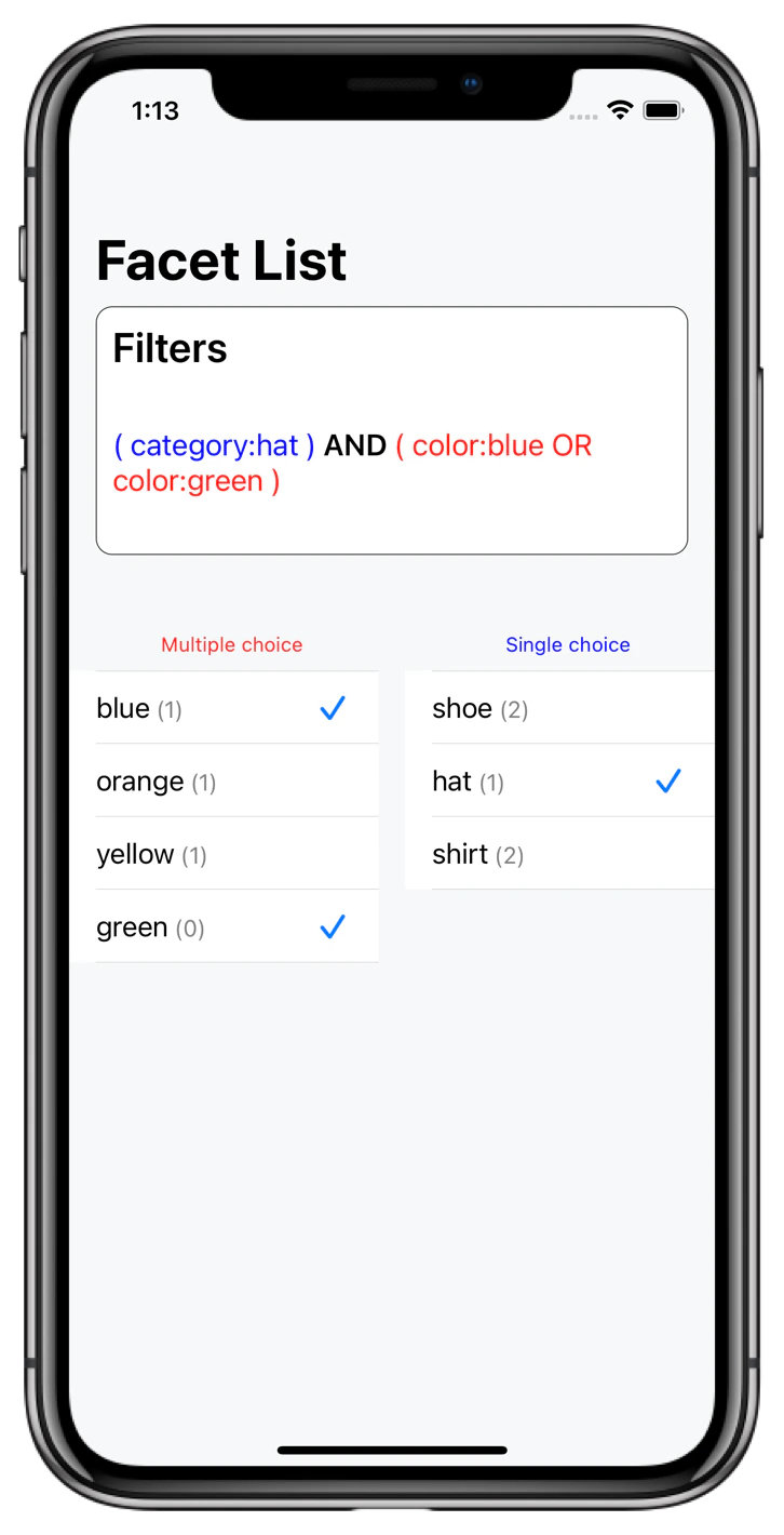 Screenshot of a phone showing a 'Facet List' with 'Multiple choice' (blue, green selected) and 'Single choice' (hat selected) filters.