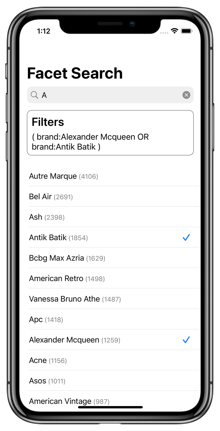 Screenshot of a phone displaying a 'Facet Search' with filters for brands like 'Alexander McQueen' and 'Antik Batik' selected.