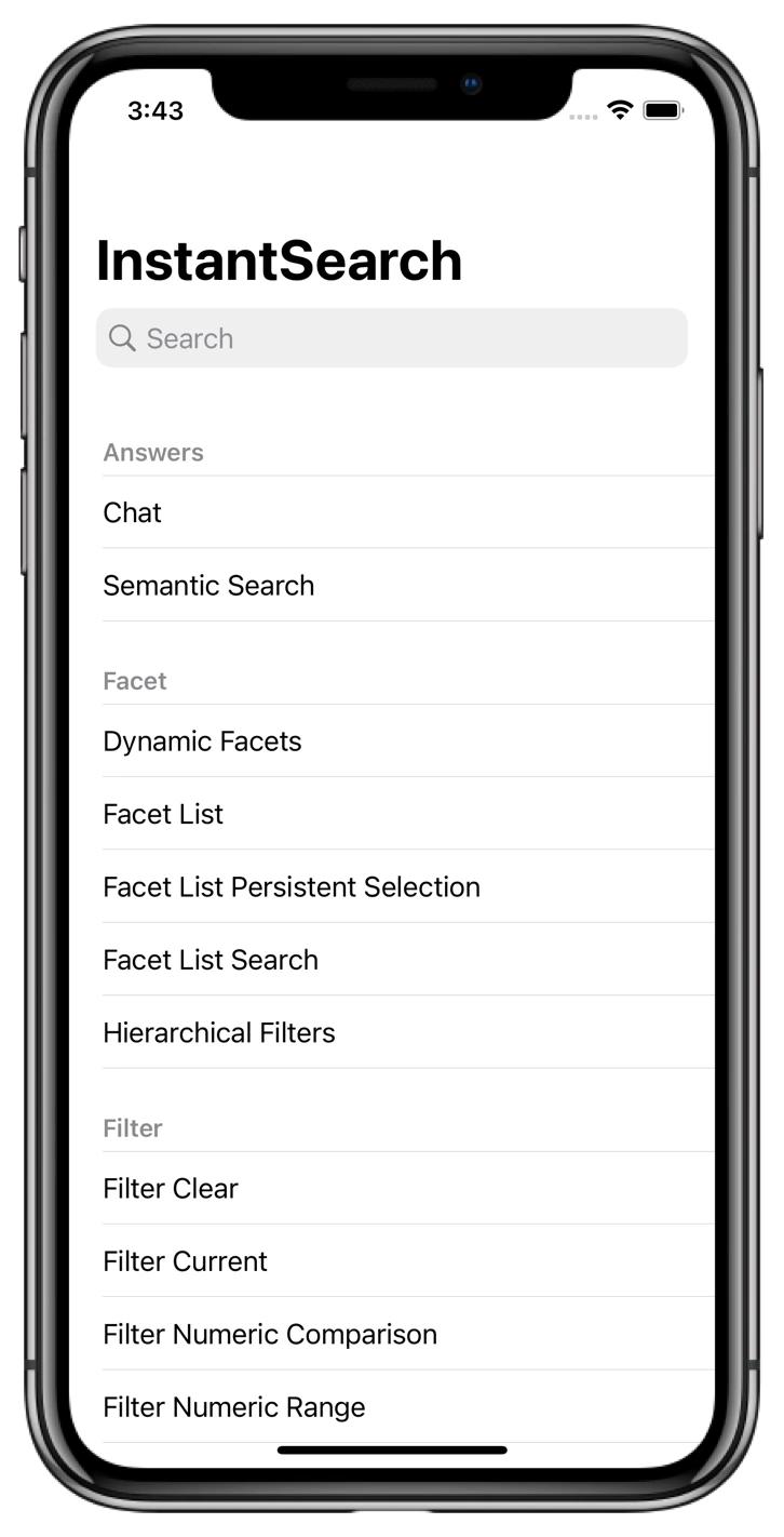 Screenshot of an iPhone displaying the 'InstantSearch' app with a search box and a list of features like 'Answers,' 'Facet,' and 'Filter' options.