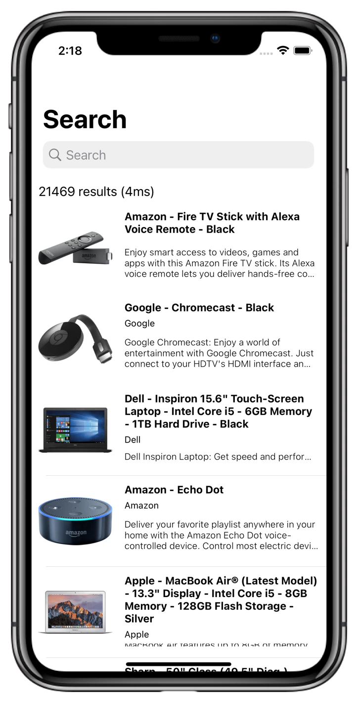 Screenshot of a phone displaying search results for 21469 items, including 'Amazon - Fire TV Stick' and 'Google - Chromecast'.