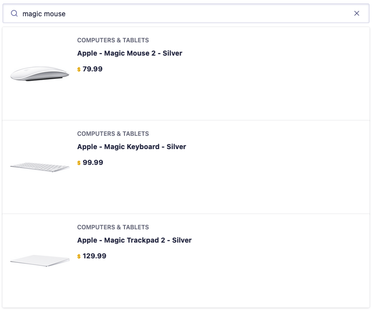 Screenshot of a search for 'magic mouse' showing Apple products under 'COMPUTERS and TABLETS'.