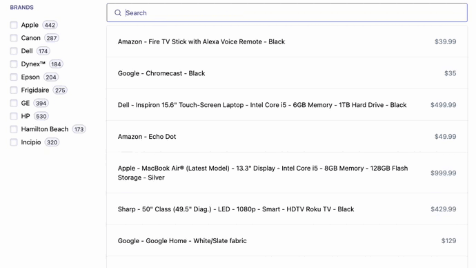 Screenshot of a search interface with a 'BRANDS' filter on the left and a list of products with prices on the right.