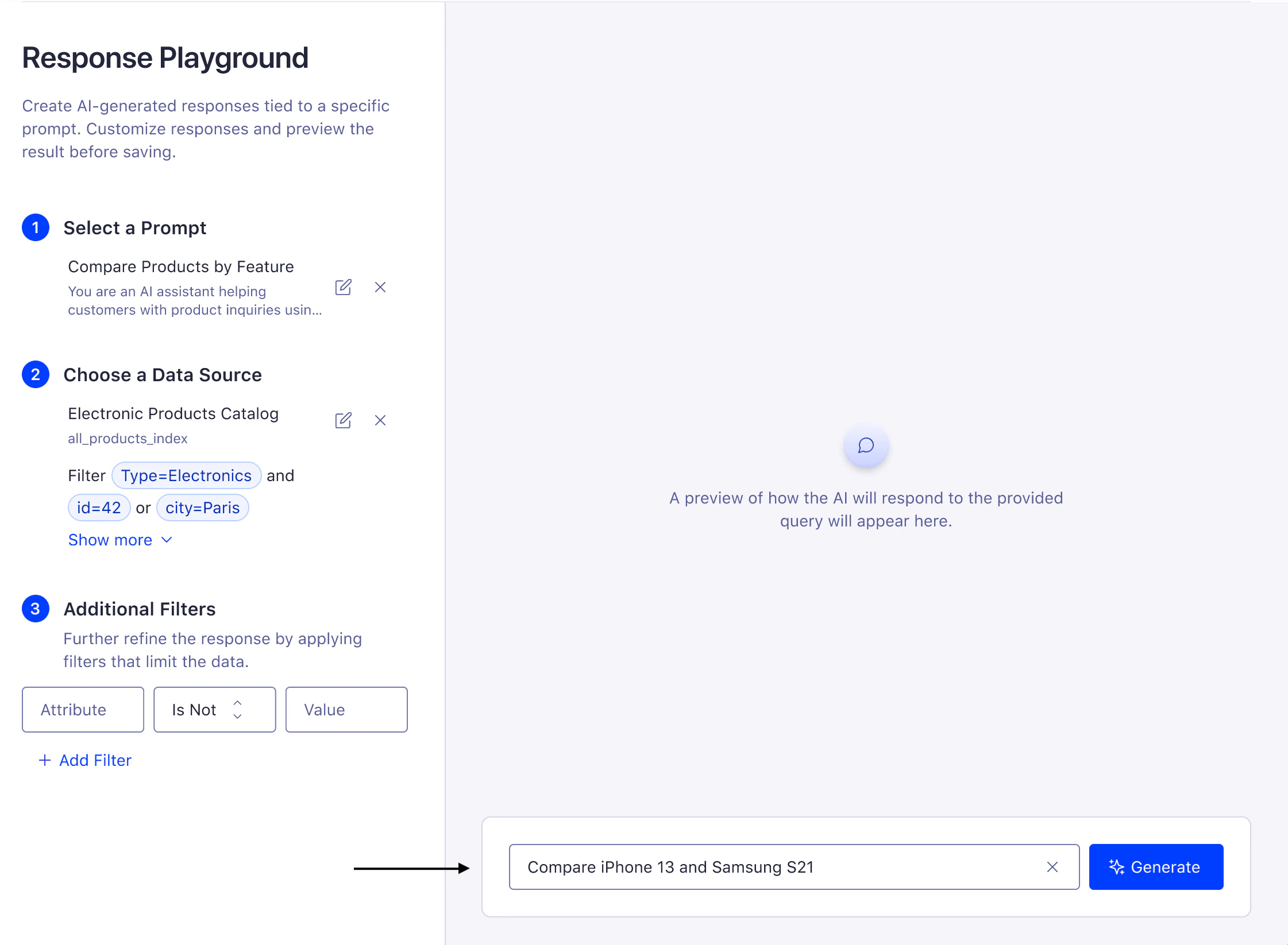 Screenshot of the 'Response Playground' interface with a text input field containing a phone comparison query and a blue 'Generate' button.