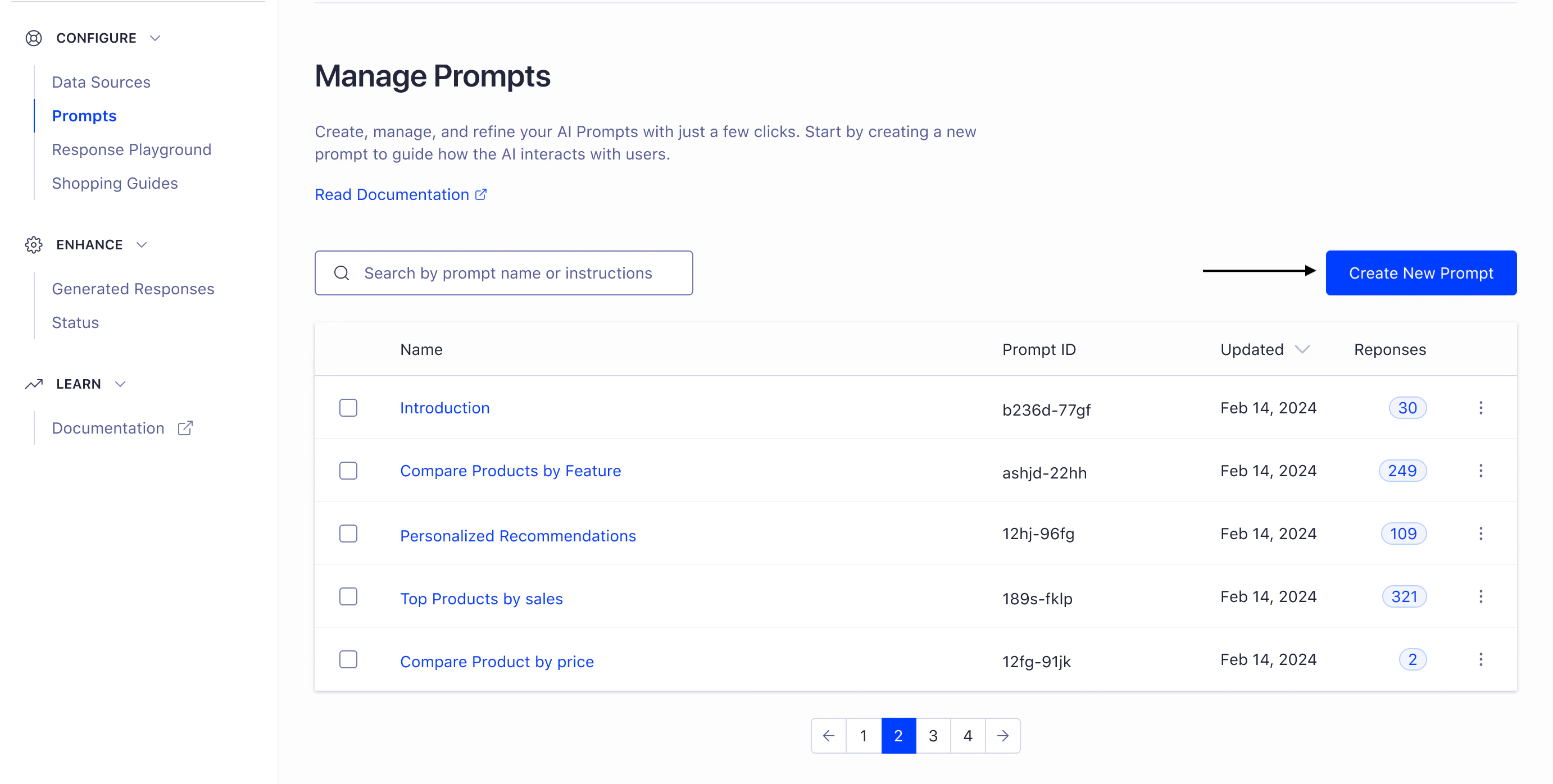 Screenshot of the 'Manage Prompts' page with a list of prompts, columns for Name, Prompt ID, Updated, and Responses, and a 'Create New Prompt' button.