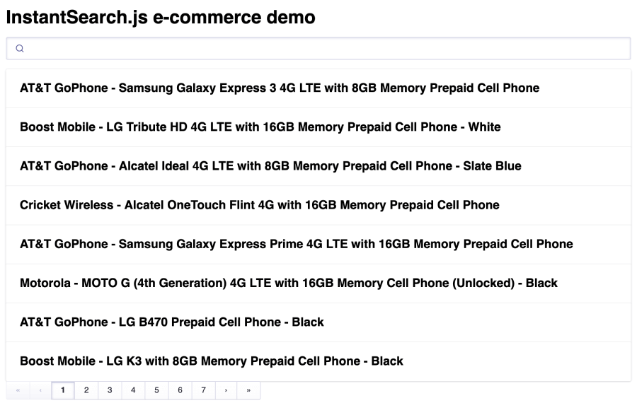 Search box with results and pagination in the quickstart app