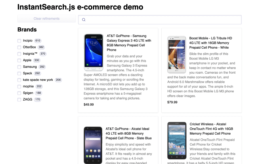 Search UI with product images in the quickstart app
