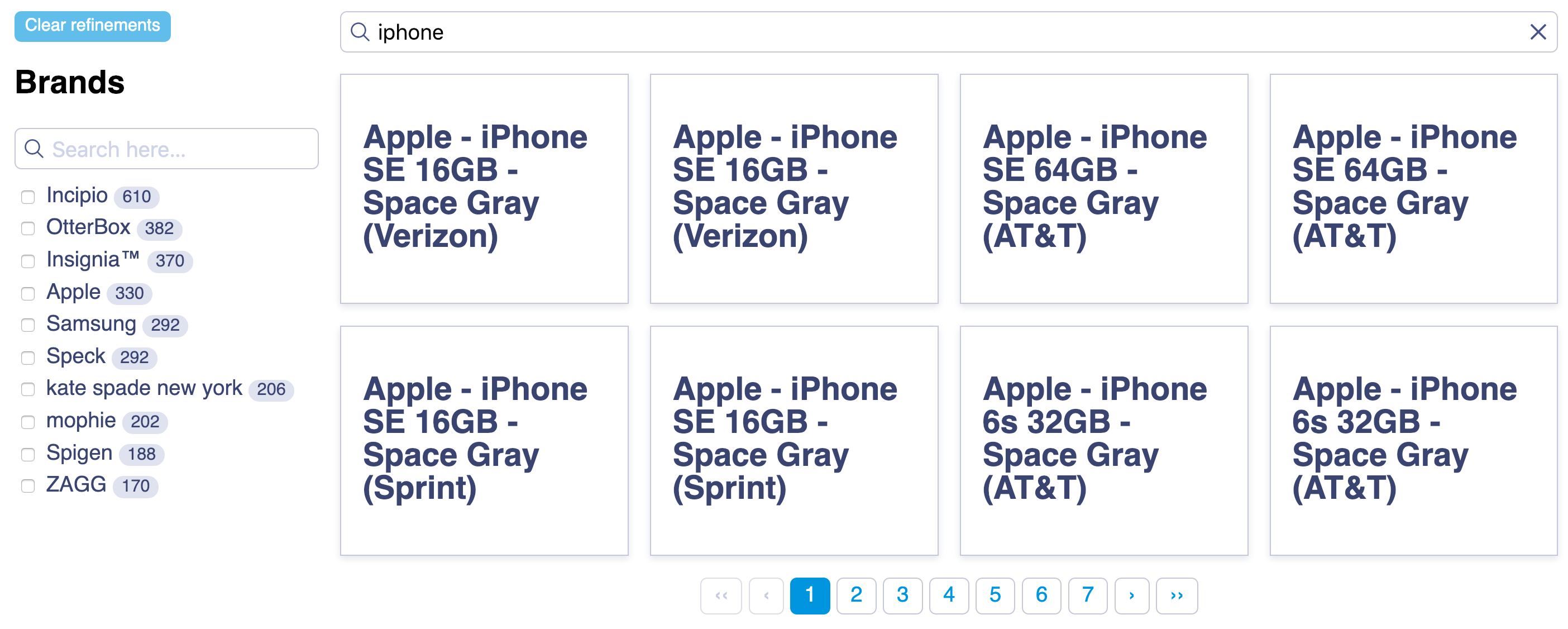 Search UI with a Brands filter in the quickstart app