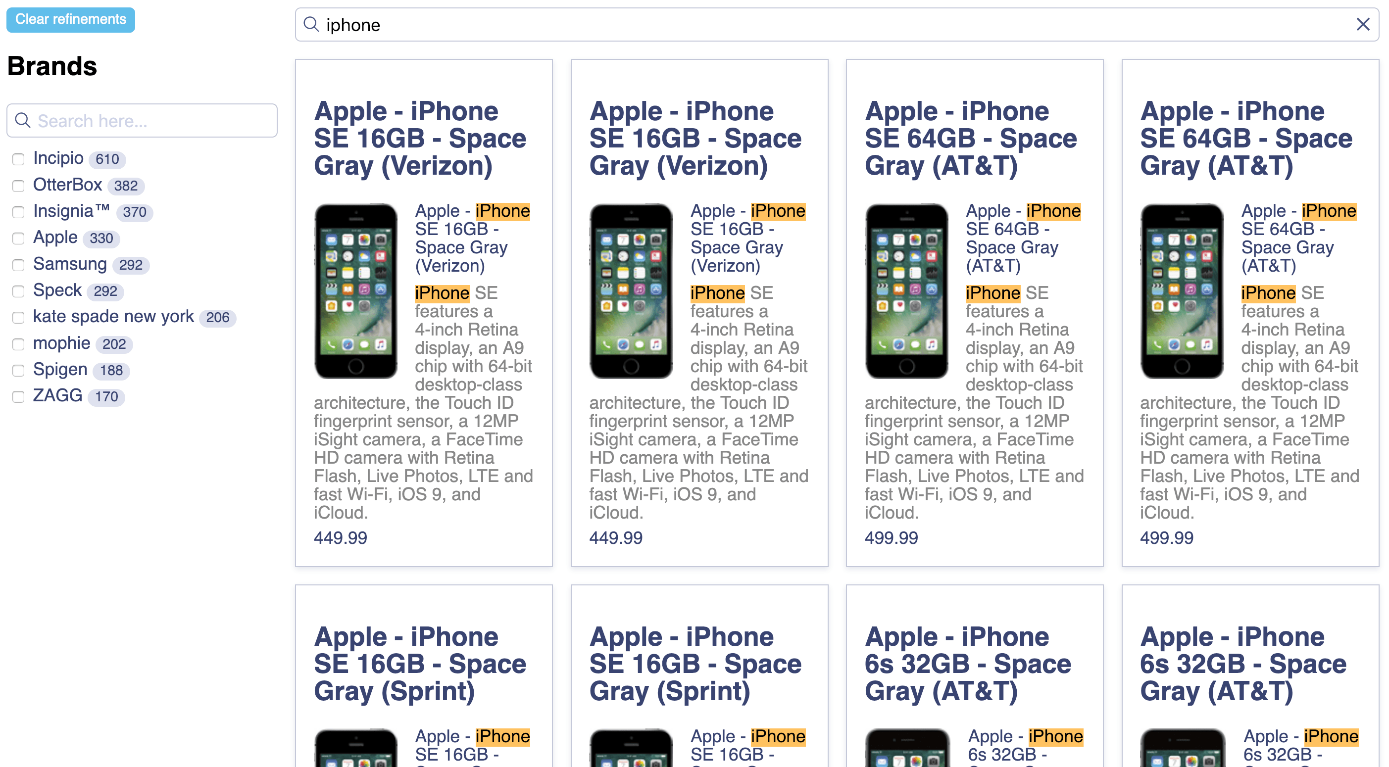 Search UI with product images in the quickstart app