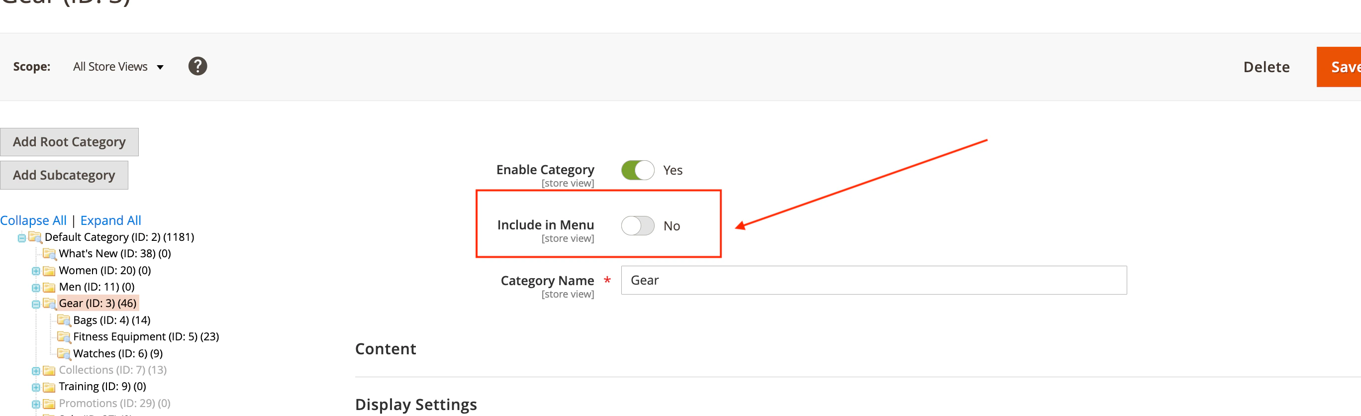 Screenshot of the "Include Menu" section in the category configuration