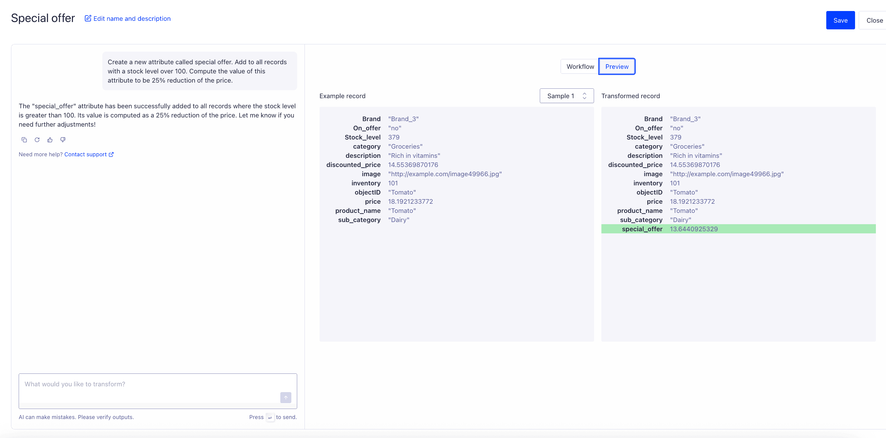 Screenshot showing AI-generated transformation preview with editable field
