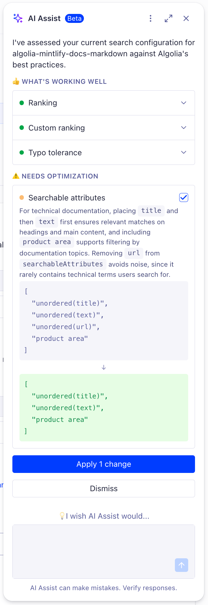 Screenshot of AI Assist listing ranking, custom ranking, and typo tolerance, and a recommended change to searchable attributes.