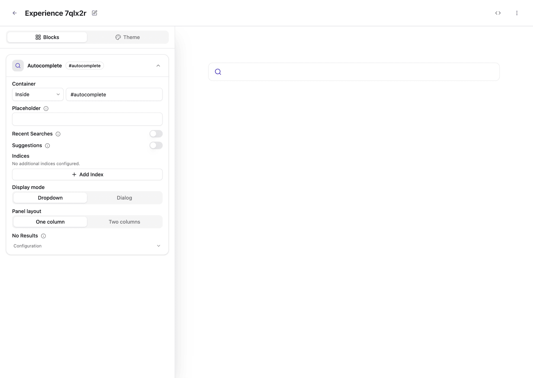 Screenshot of the Algolia Experiences editor with the default autocomplete block and "#autocomplete" container.