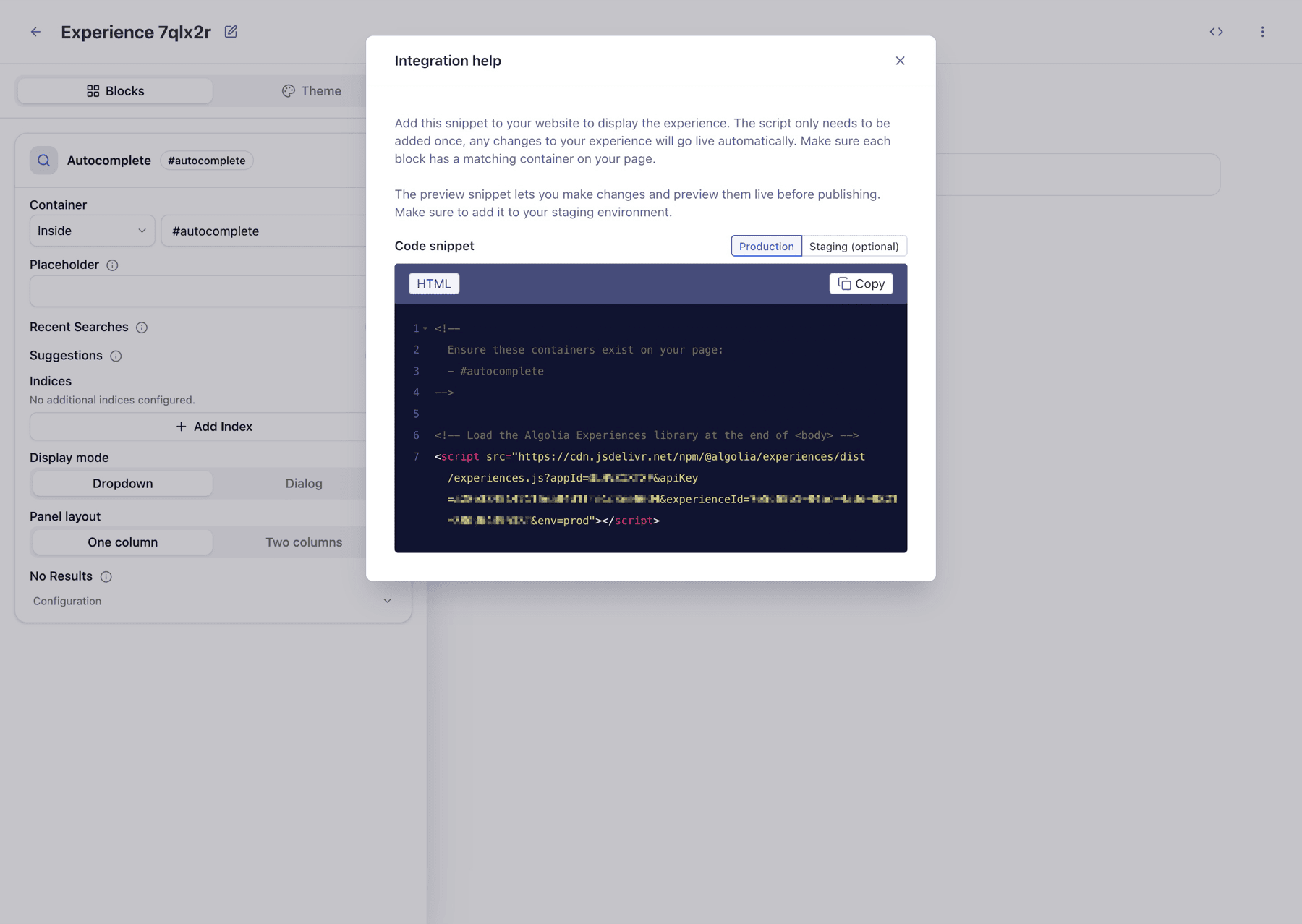 Screenshot of the Integration help dialog with the Production option selected and its snippet shown.