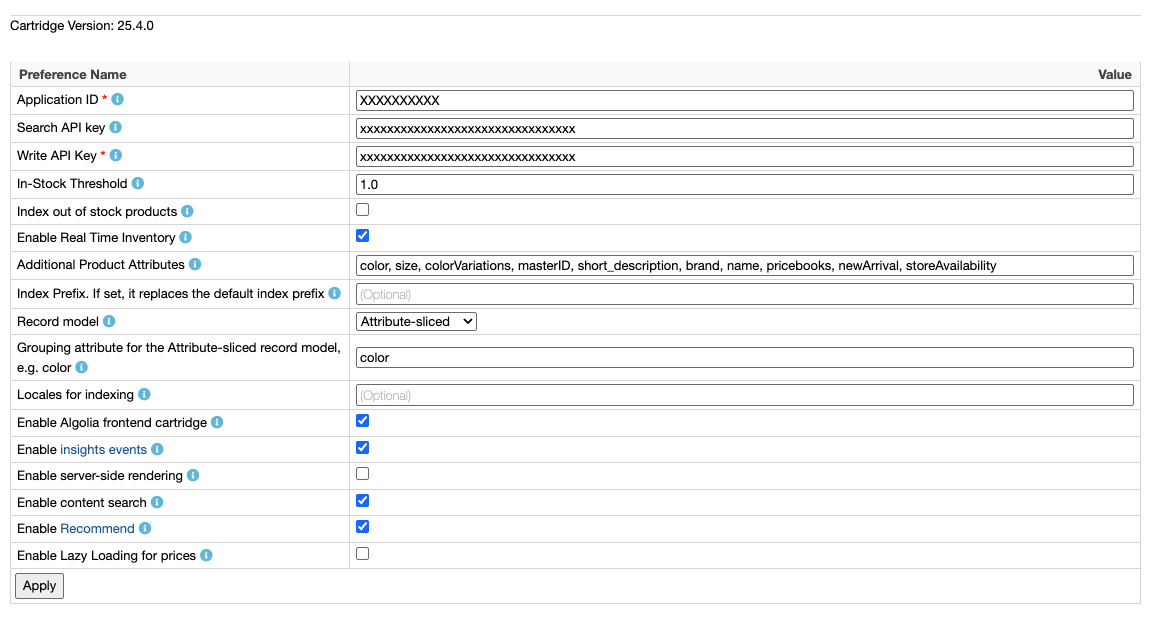 Screenshot of the 'Custom preferences' page with API keys and toggles like 'Enable Real Time Inventory' and 'Enable Algolia frontend cartridge'.