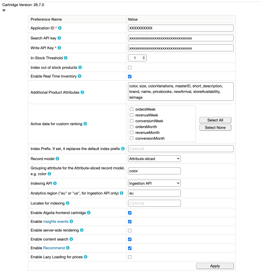 Screenshot of the Algolia Business Manager module settings, with API keys, record model, indexing API, and storefront toggles.