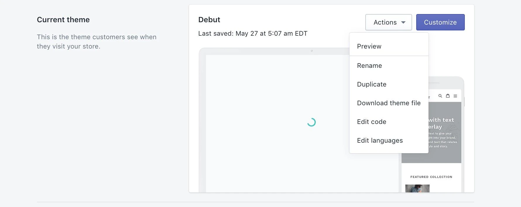 Screenshot of a drop-down menu with options: 'Preview', 'Rename', 'Duplicate', 'Download theme file', 'Edit code', and 'Edit languages'.
