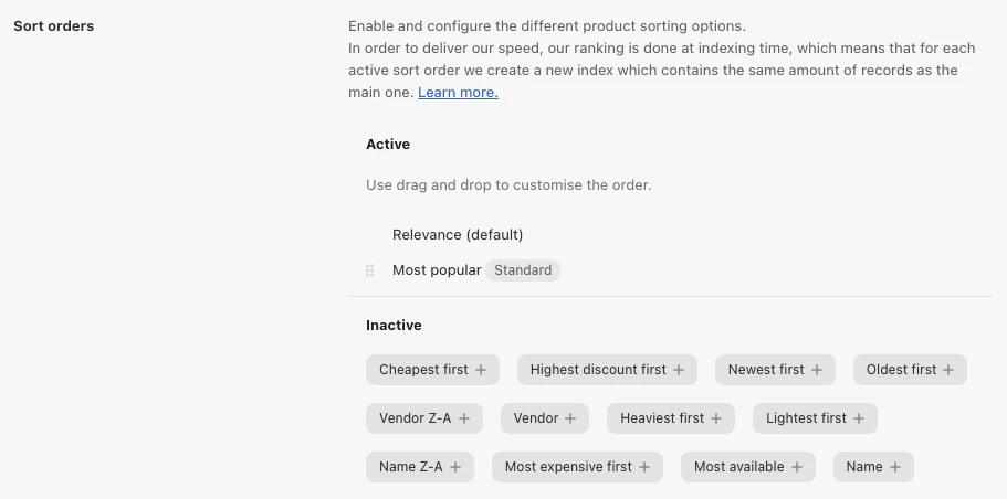 Screenshot of the 'Sort orders' page showing active and inactive sorting options like 'Relevance (default)' and 'Most popular'.