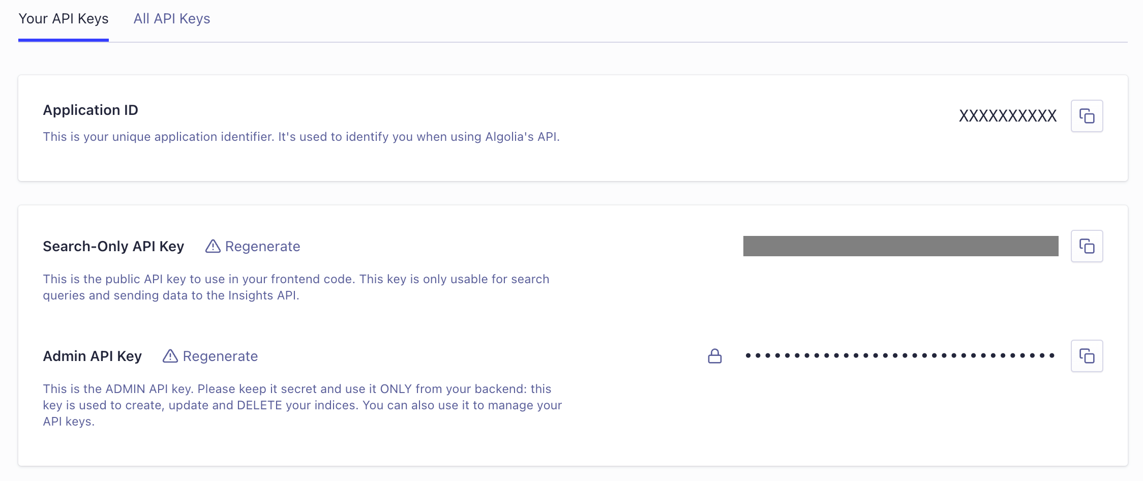 The API Keys page in the Algolia dashboard with fields for your application ID, search API key, and Admin API key. Copy these credentials to the Algolia AI Search and Discovery app