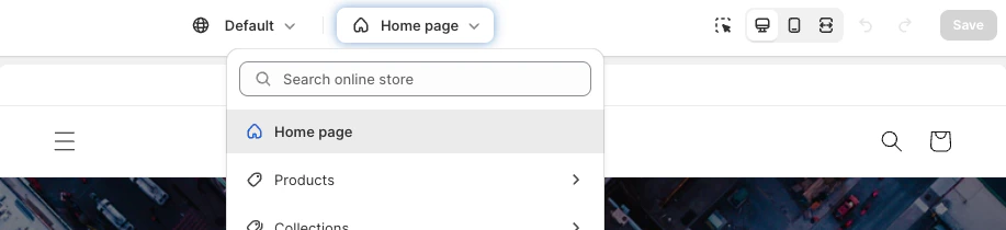 Screenshot of a drop-down menu in the theme customizer showing options like 'Home page,' 'Products,' and 'Collections.'