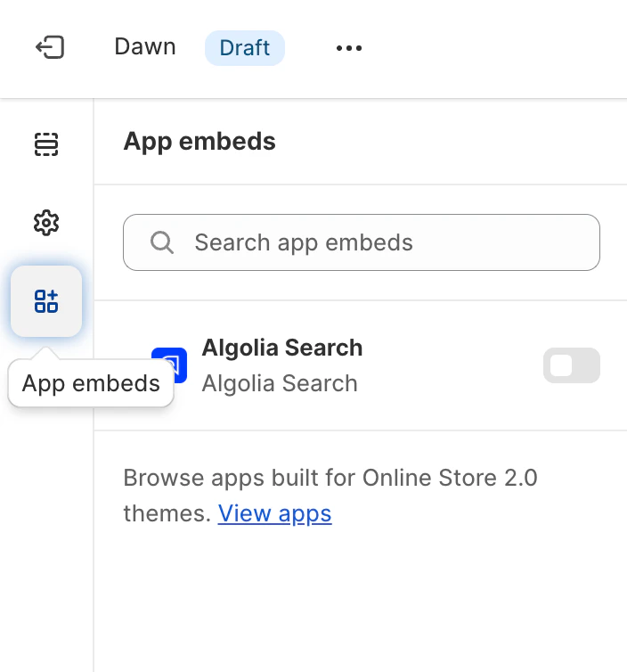 Screenshot of the Shopify theme customizer showing the 'App embeds' icon selected and the 'Algolia Search' app listed below.