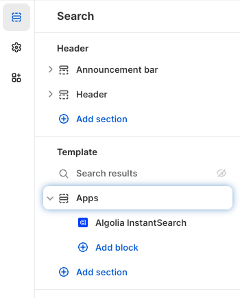Screenshot of a Shopify admin interface showing the 'Apps' section with 'Algolia InstantSearch' listed, and an 'Add block' option below it.