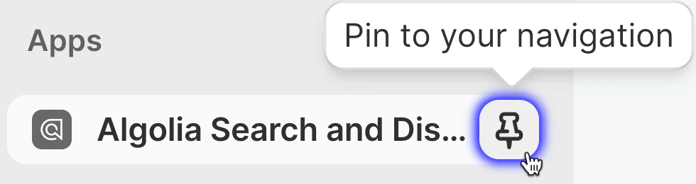 Sidebar in the Shopify admin with the Pin to your navigation button for the Algolia AI Search and Discovery app