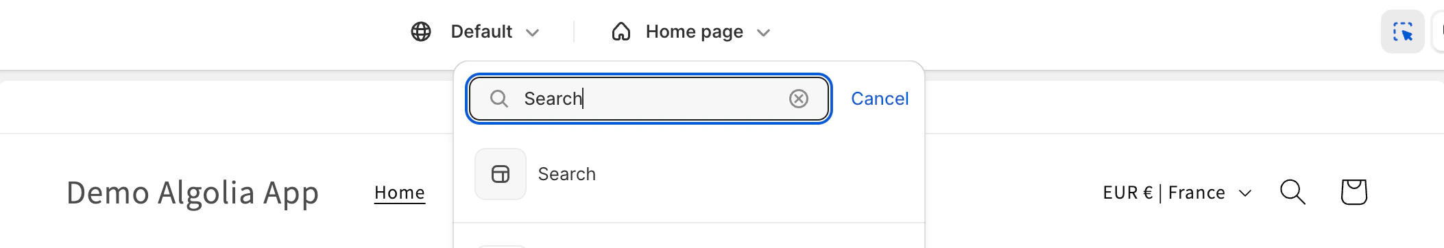 Screenshot of a search box in the theme customizer with the text 'Search' entered and a 'Cancel' button.