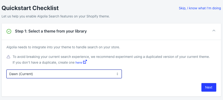 Screenshot of a drop-down menu labeled 'Dawn (Current)' in a Shopify integration setup interface.