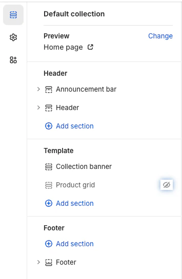 Screenshot of a Shopify theme editor showing 'Default collection' with 'Announcement bar,' 'Header,' 'Collection banner,' and 'Product grid' options.