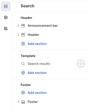 Screenshot of a 'Search' settings panel with 'Header,' 'Template,' and 'Footer' sections, each with an 'Add section' button.