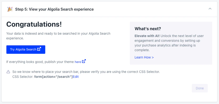 Screenshot of a success screen confirming data indexing in Algolia Search, with a 'Try Algolia Search' button and CSS Selector verification note.