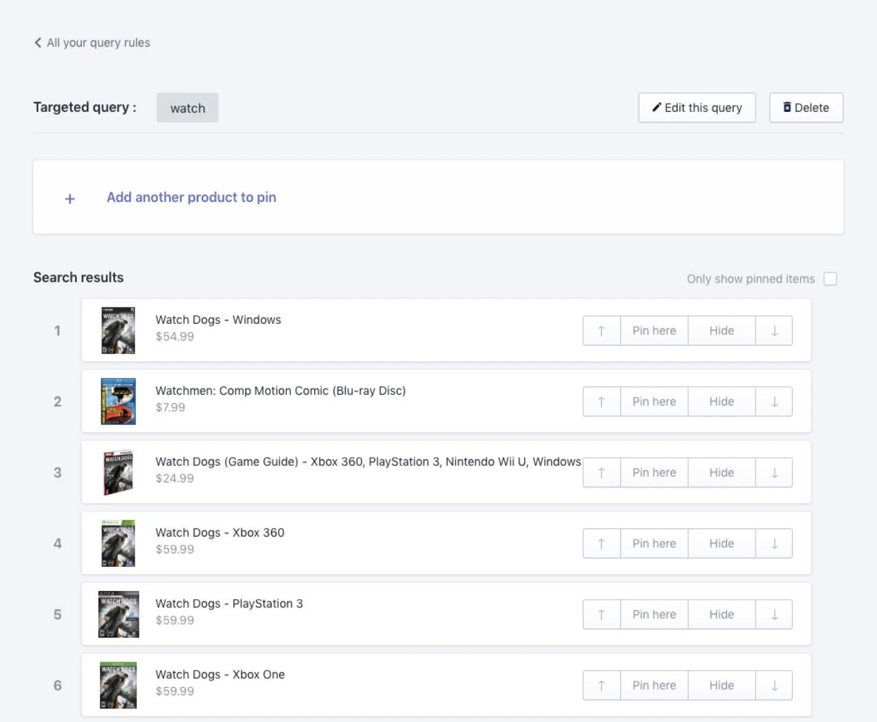 Screenshot of a 'Visual merchandising tool' page showing search results for the query 'watch,' with options to 'Pin here' or 'Hide' each product.