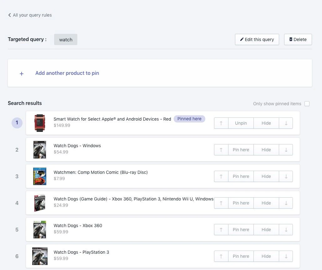 Screenshot of a visual merchandising tool showing a product pinned in search results with a 'Pinned here' label and 'Unpin' and 'Hide' buttons.