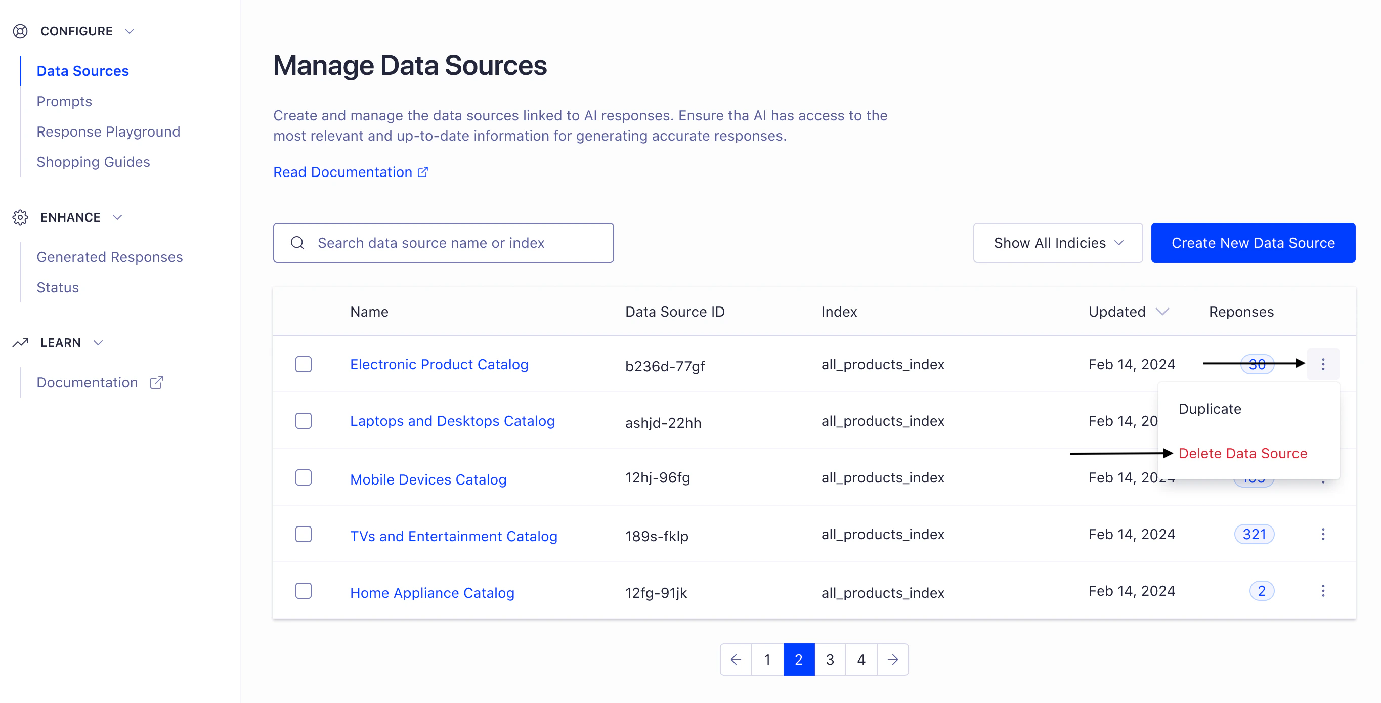 Screenshot of the 'Manage Data Sources' page showing a table with a drop-down menu open, highlighting the 'Delete Data Source' option in red.