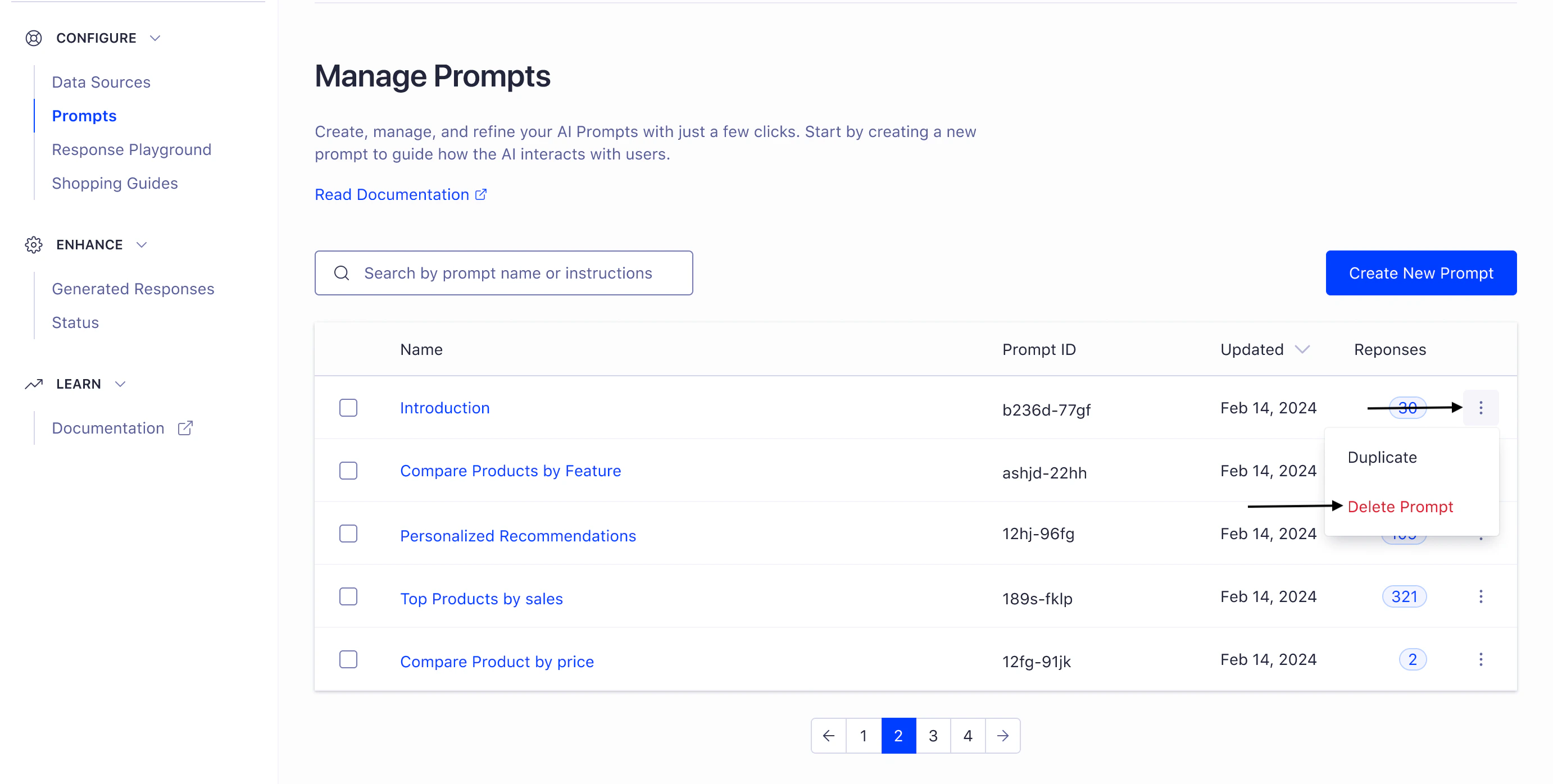 Screenshot of a 'Manage Prompts' page showing a table with prompt names and IDs, with a drop-down menu open on the 'Compare Products by price' row displaying 'Duplicate' and 'Delete Prompt' options.