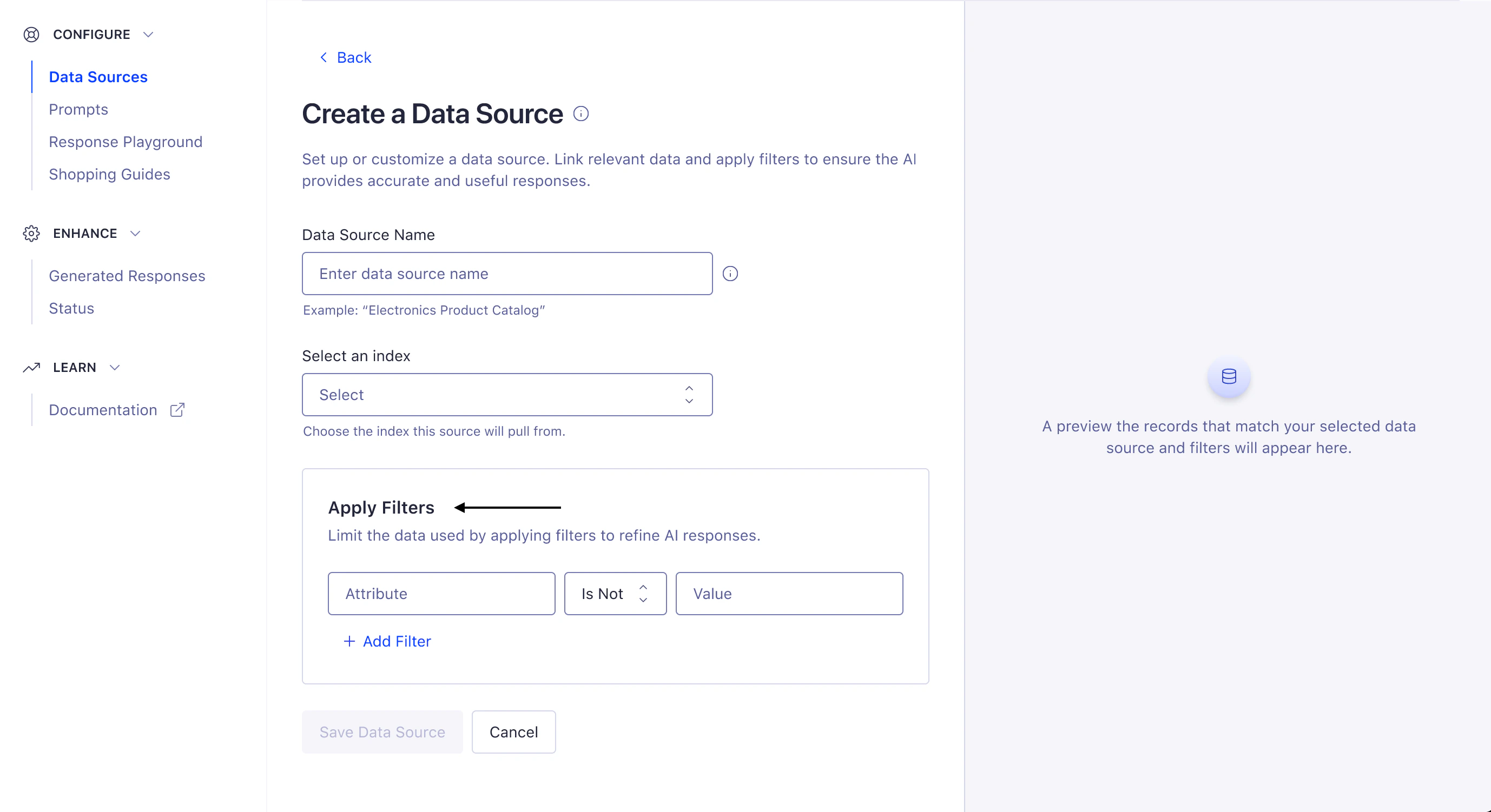 Screenshot of the 'Create a Data Source' form with fields for name, index selection, and filter application.