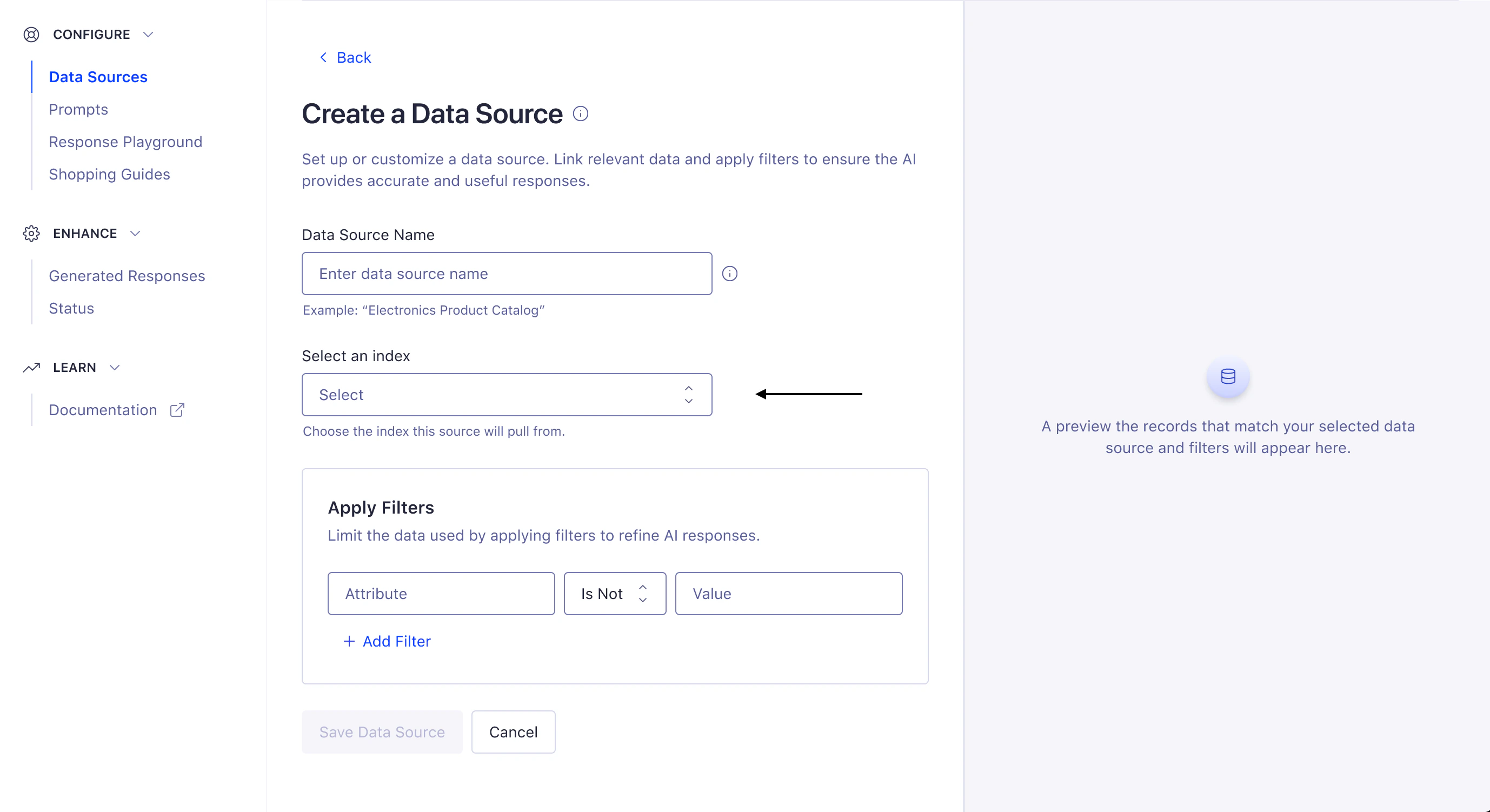 Screenshot of a 'Create a Data Source' form with fields for 'Data Source Name' and 'Select an index,' and an 'Apply Filters' section.