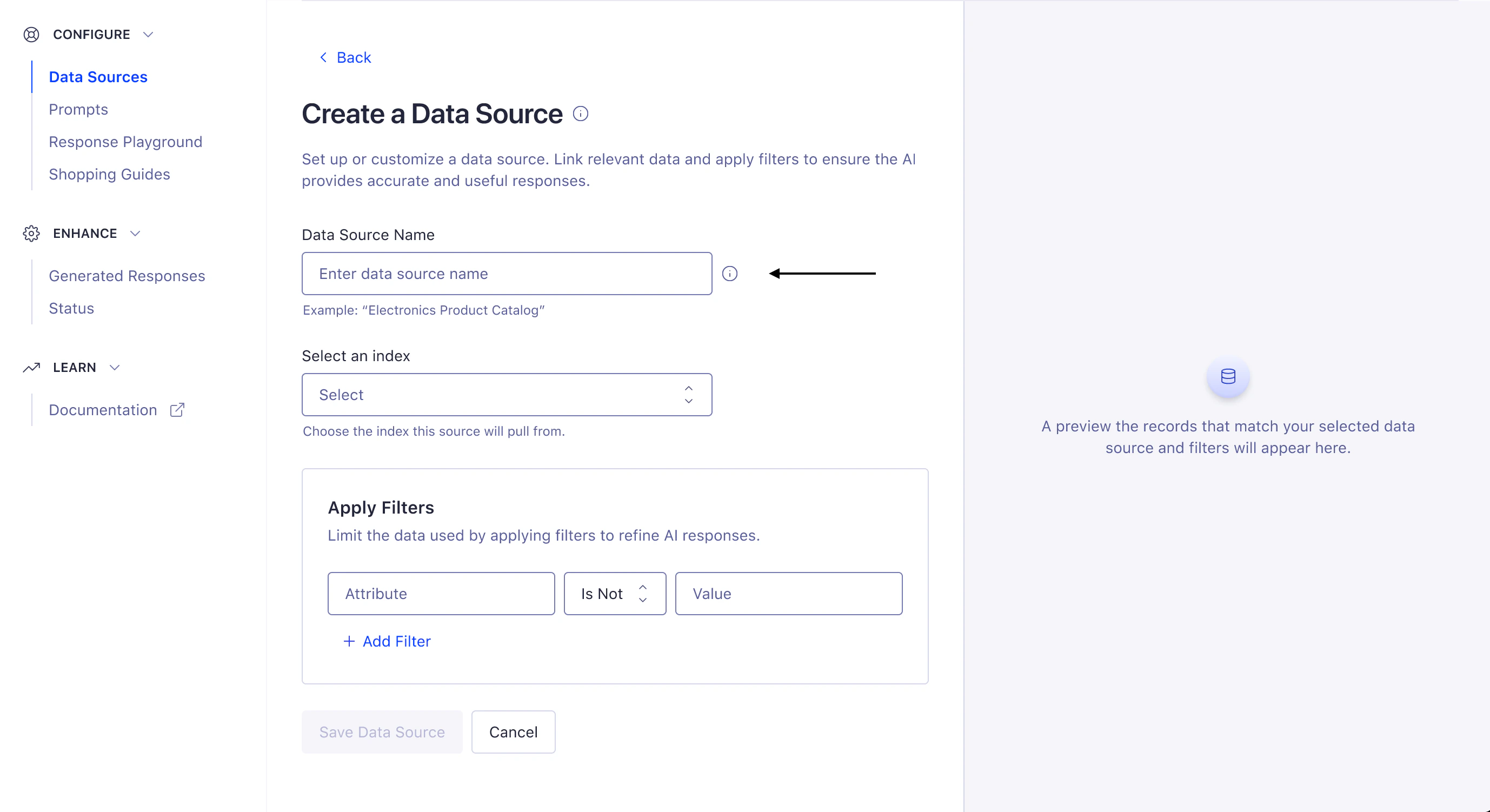 Screenshot of the 'Create a Data Source' form with a text field labeled 'Data Source Name' and a placeholder 'Enter data source name'.