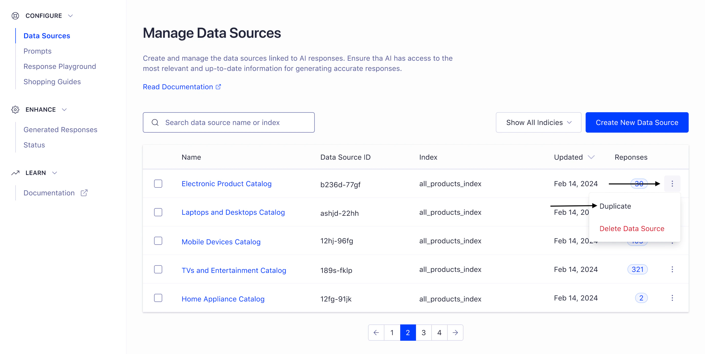 Screenshot of a 'Manage Data Sources' page showing a table, search box, and a drop-down menu with 'Duplicate' and 'Delete Data Source' options.