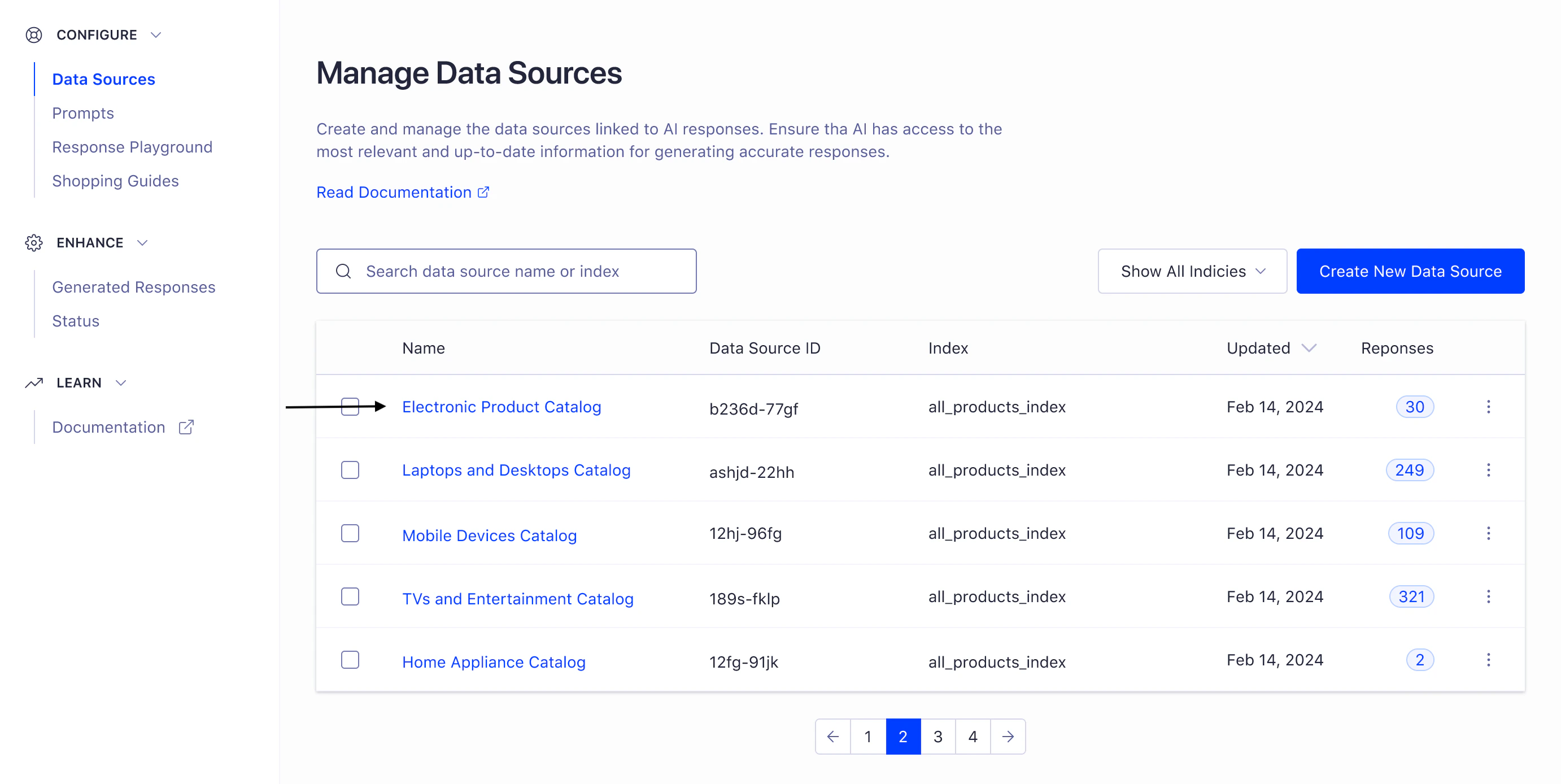 Screenshot of a data sources table with columns: Name, Data Source ID, Index, Updated, and Responses.