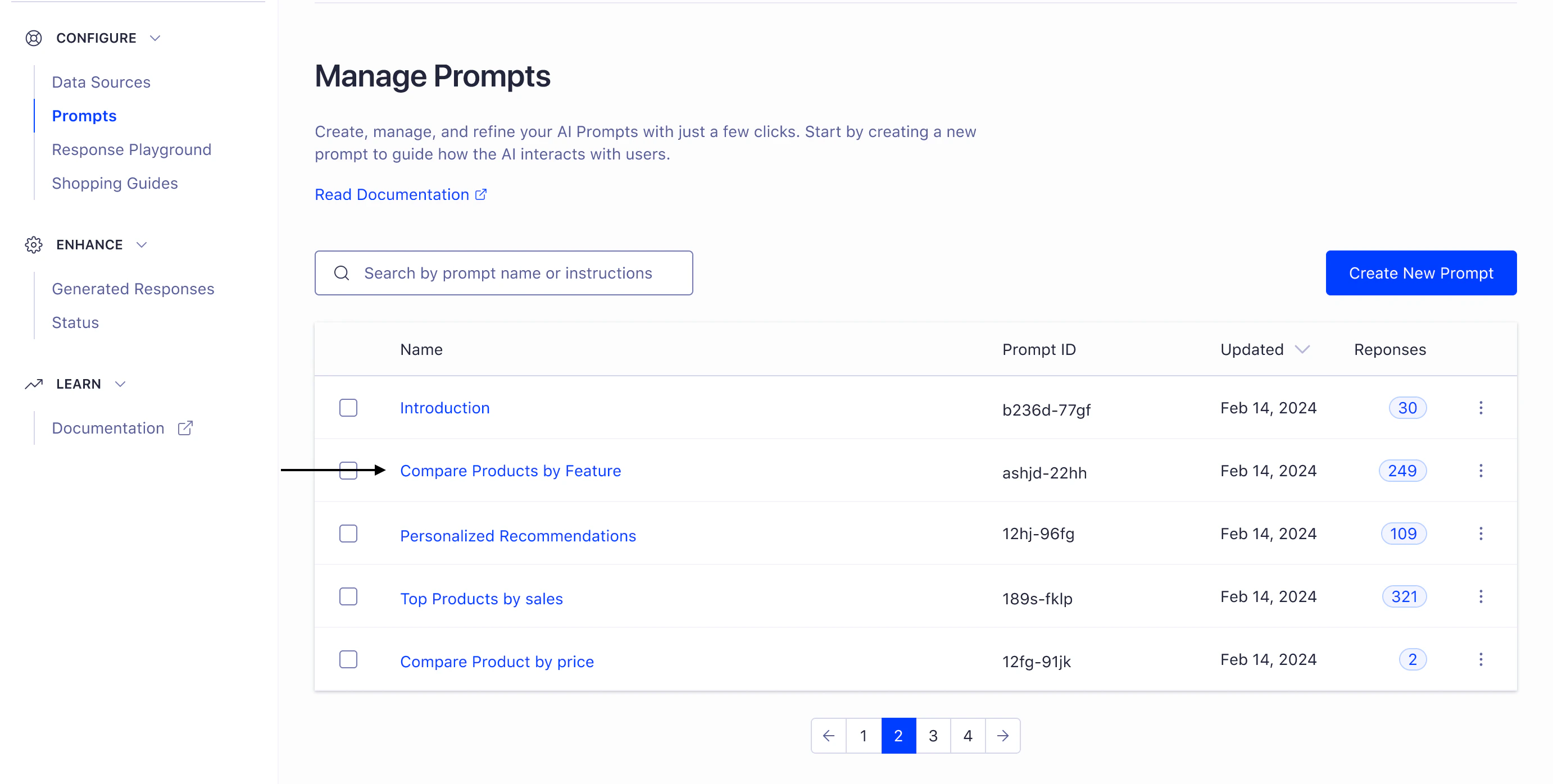 Screenshot of a 'Manage Prompts' table with a checkbox next to the 'Compare Products by Feature' prompt.